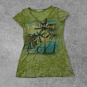 Maurices Women Green Y2K Paradise Palm Tree Graphic Burnout V-Neck Tee XS